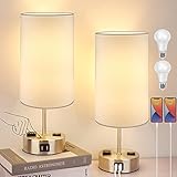Touch Control Table Lamp Set of 2, 3-Way Dimmable Bedside Nightstand Lamps with 2 USB Ports & 2 AC Outlets, Modern Tabletop Lamps with White Shades, Desk Lamp for Bedroom Living Room, 2 Bulbs Included