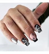 Christmas Snowflake Press on Nails Matte Silver Glitter French Acrylic Fake Nails 24Pcs Christmas...