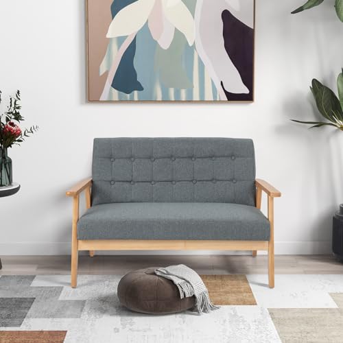 COSTWAY 2-Seater Sofa, Linen Fabric Upholstered Loveseat Sofa Couch with Rubber Wood Legs, Modern Button-Tufted Double Seat Lounge Sofa Chair for Living Room Bedroom Reception, Grey - Image 7