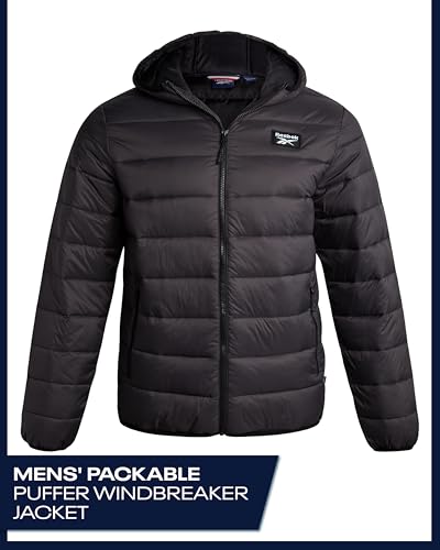 جاكيت رجالي، معطف مبطن خفيف الوزن بغطاء للرأس، جاكيت شتوي معزول دافئ للرجال مقاسات من سمول S إلى 4 اكس لارج 4X من ريبوك، مقاس لارج L، لون فحمي