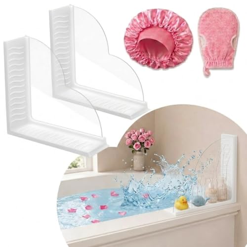 No-Adhesive 2-Pack Acrylic Silicone Bathtub Splash Guard,Tall & Flexible Shower Water Blocker with Strong Suction Cups,Reusable, Keeps Water in, Ideal for Family,Rentals&Small Bathrooms (White)