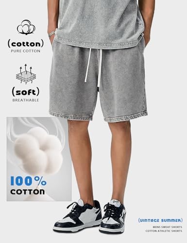 Gihuo Mens Sweat Shorts Cotton Athletic Shorts Vintage Acid Wash Drawstring Workout Shorts(BlackLightGreyArmy-XLarge) — view 3