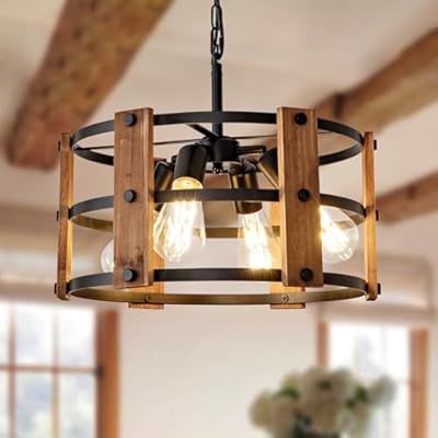 Rustic Farmhouse Chandelier, 4 Lights Pendant Light Fixture, Adjustable Height, Brown Vintage Wood Hanging Pendant Lighting for Entryway Kitchen Island Foyer Dining Room Living Room Bedroom