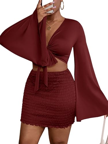 Image of LYANER Women 2 Piece Vacation Outfits Tie Knot Front Bell Long Sleeve Crop Top and Mini Skirt Summer Set