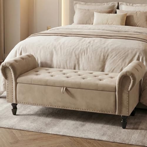 Clevich Banc de Rangement 133cm, Velours Coffre Bout de Lit 133 x 46 x 53 cm, Style Luxueux, avec Réversible Couvercle, avec Pieds en Bois, jusqu'à 168kg,...