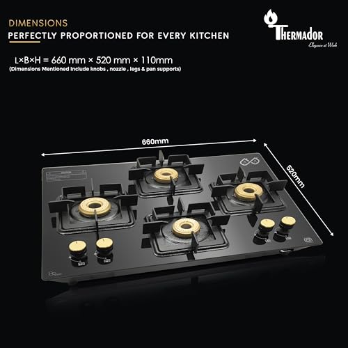 Image of Thermador 4 Burner Diamond Hobtop Gas Stove With Manual Ignition. Toughened Glass Top,Brass Burners,Stainless Steel Drip Tray,Anti-Skid Pan Support- LPG Compatible Kitchen Cooktop