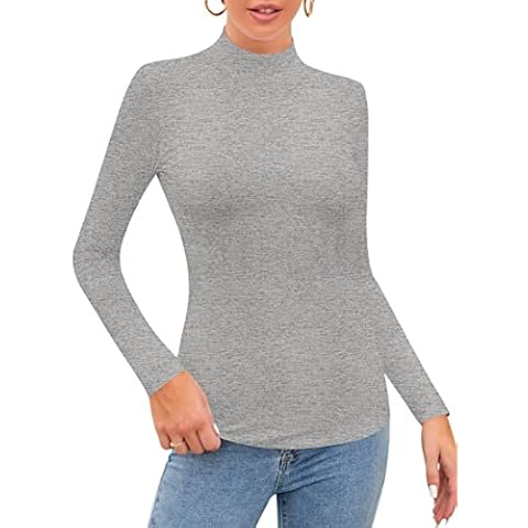 SHEIUGU Women’s Long Sleeve/Sleeveless Mock Turtle Neck Tops Basic Stretchy Fitted Underwear Layer Tee Shirts, Light Heather Grey, S Cover