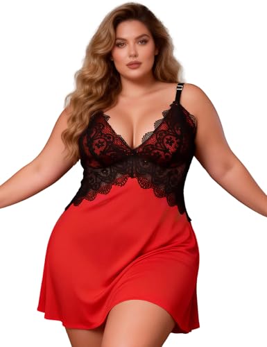 Nuisette Femme Romantique Chemise De Nuit Chic Grande Taille L-XXL,Rouge
