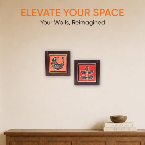 Image of AAKRITI ART CREATIONS Pichhwai Handcrafted Tiles Wall Art Panel, Madhubani Art Wall Hanging Set of 2, Brown and Red Wall Decor | Glossy Finish Ceramic and Wooden | Living Room, Bedroom, Office