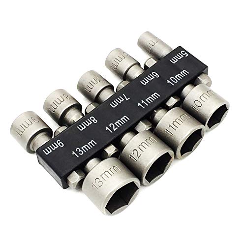 SABLUE 9pcs Lot of 5-13mm Hex Power Nut Driver Drill Bit Set Socket Bit Chuck Adapter Metric Socket Strong Sleeve for Wrench Screw, Made by Chrome Vanadium Steel, Electric Hand Drill (B02)