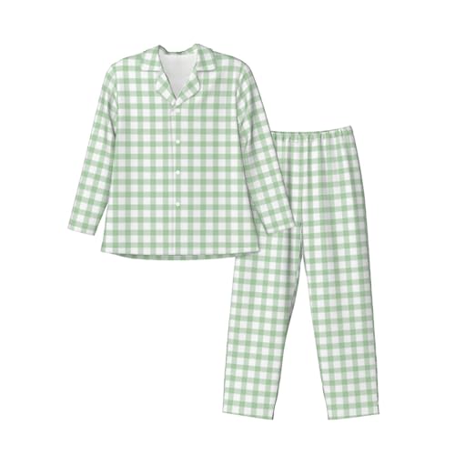 Mens Pajamas Set Light Green Checkered Grid Button Down Pajamas Sets For Men Long Sleeve Lounge Pj 2 Piece2