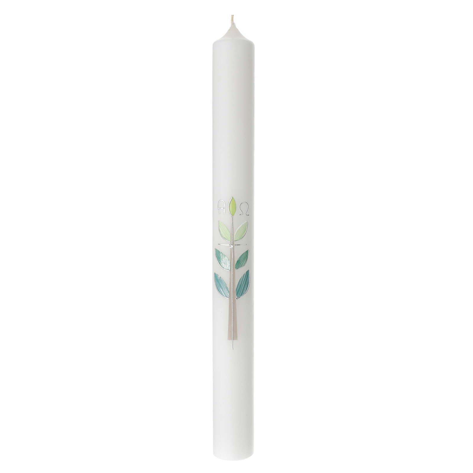 Large Candle for Baptism, Cross with Green Leaves, 400x40 mm