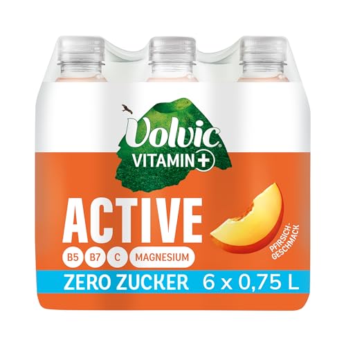 Volvic Vitamin+ Active Pfirsich – Erfrischungsgetränk mit Magnesium und Vitaminen – Ohne Zucker und ohne Kalorien – 6 x 0,75 l