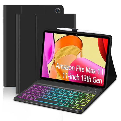 EAMPANG Case with Keyboard for Amazon Fire Max 11 inch (13th Generation 2023 Release) 7 Color Rainbow Backlit Detachable Type-C Charging Keyboard Magnetic Case Pen Holder 13th Gen-Black with Black