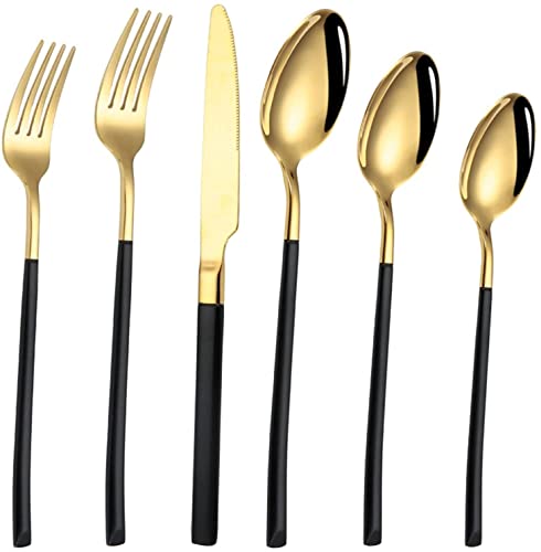 Ensemble de Couverts en Acier Inoxydable, Couverts en Acier Inoxydable, Couteaux, fourchettes, cuillères, Couverts Mixtes, Couverts de fête, Couverts de Cuisine Occidentale (Noir et Or, 24 pièces)
