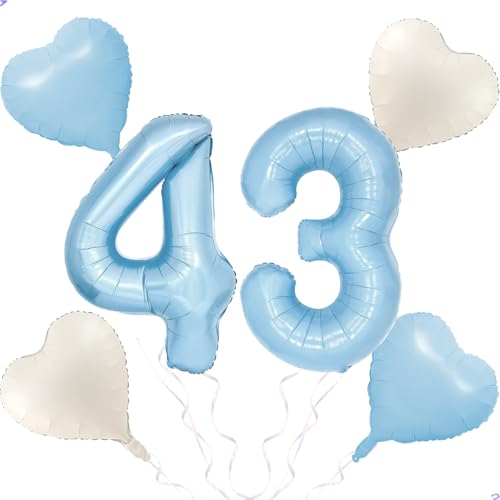 Blue 43 Balloon Number Pastel Blue Birthday Party Decor for Girls Boys, 40inch Big Sky Blue Balloon Foil Mylar 43 Birthday Balloon for 43th Birthday Party Anniversary Decorations Supplies Favors