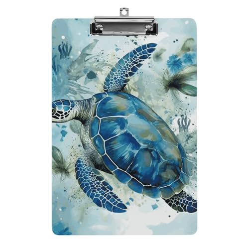 Porte-bloc acrylique tortue de mer bleu planche à pince métal format A4 pour bureau