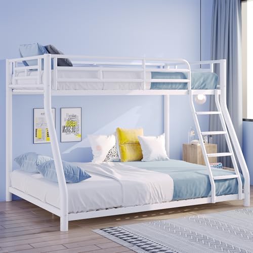 Metal Bunk Bed, Twin Over Full Bunk Bed with Safety Guardrail and Ladder, Bunk Beds Twin Over Full Size(White)