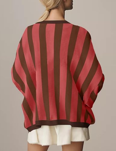 Women's Casual Loose Fit Striped Cardigan Long Balloon Sleeves Open Front Knit Sweater2