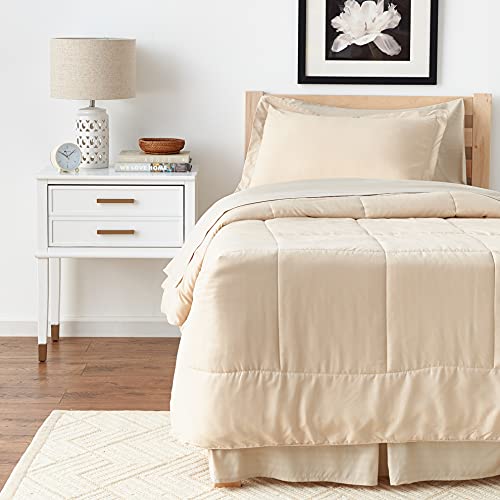 Image of Sweet Home Collection 8 Piece Bed in a Bag with Dobby Stripe Comforter, Sheet Skirt, and Sham Set, Twin, Beige, 8