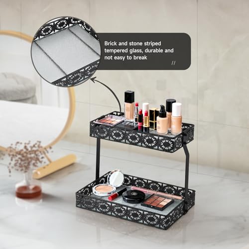 xiaojuande-Two Layer Glass Storage Tray with Portable Dressing Table Skin Care Product Organization Rack Corner Storage Rack for Bathroom Counter High-end Light - (Black) by xiaojuande - Used condition - Image 7