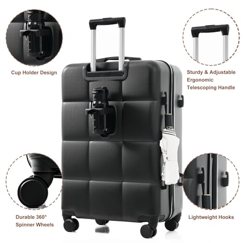 Airline Certified 3-Piece Hard Shell Luggage Set with Spinner Wheels and Cup Holder, Lightweight Suitcase Collection for Travel (Black + ABS)4