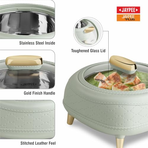 Image of JAYPEE Kingston Klass Stitched Leather Luxurious Outer & Inner Stainless Steel Casserole Set of 3 with Glass Lid(1500+2000+2500)ml PUF Insulated Serving casserole Set Roti Box Hot Box BPA Free,P.Green