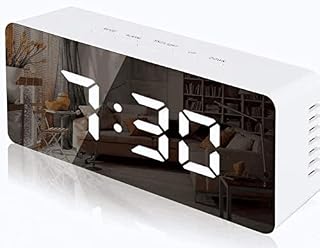 Lambony Digital Mirror Alarm Clocks with Temperature Led Display Snooze Time Adjustable Brightness USB & Battery Powered for Bedroom, Office, White (New Version)