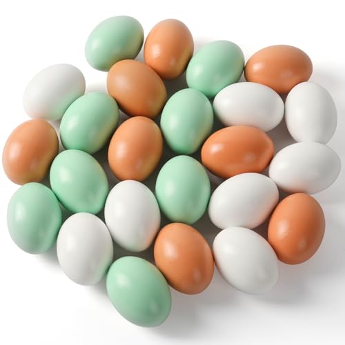 CALPALMY (24 Pieces) Hyper-Realistic Wooden Eggs - 3 Colors Wooden Fake Eggs for Easter Painting Decorating Crafting Fake Food and Nest Box Training (8pcs Brown 8pcs White 8pcs Green)