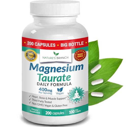 Magnesium Taurate 400mg | High Absorption | 200 Capsules for Sleep Heart Health Calm Joint Supplement for Women and Men | Pure Elemental Mag Powder Plus Taurine - Extra Strength Pills