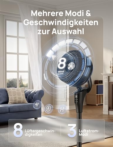 DREO Leiser Standventilator für Schlafzimmer [Verbessert], 27m Luftstrom, 20dB Leise, 90° Oszillierend, DC-Motor, 8 Geschwindigkeiten, 3 Modi, 96–106cm Höhenverstellbar, 8H Timer, 105° Manuell Neigbar