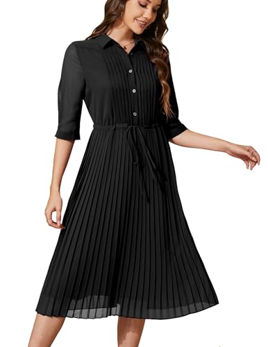 Women V Neck 3/4 Sleeve Pleated A-Line Dress with Belt Swing Midi Dresses for Spring Summer Autumn
