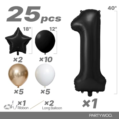 Image of PartyWoo Black Number 1 Balloon 40 Inch 25pcs Black Foil Star White Gold