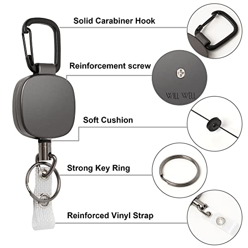 Will Well 2 Pack Retractable Badge Reels, Heavy Duty Carabiner Id Badge Holder, Retractable Keychain Key Holder [All Metal Casing, 27.5" Uhmwpe Fiber Cord, Reinforced Id Strap] #TOP4