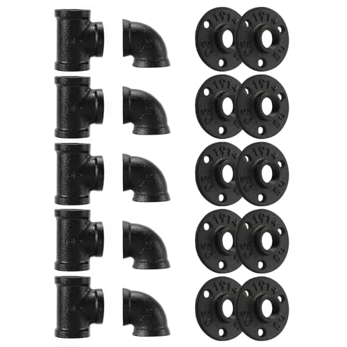 1/2" Black Pipe Fitting, Home TZH 20 Pack Floor Flange/Elbow/Tee Combo for Industrial vintage style, Flanges/Elbow/Tee with Threaded Hole for DIY Project/Furniture/Shelving(20, Black 1/2")