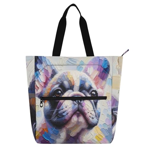 GAIGEO Bolsa de mão colorida pastel com estampa de cachorro Pug para crianças e mulheres, trabalho, escola, livro, praia, zíper