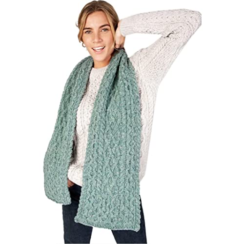 Traditional Irish Wool Scarf, Honeycomb Stitch, Ocean Mist