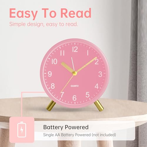 Image of JALL Analog Alarm Clock, 4 inch Super Silent Non Ticking Small Clock with Night Light, Battery Operated, Simple Design, Easy Setting for Office, Bedroom, Bedside, Desk, Teens, Elders, Adult, Pink