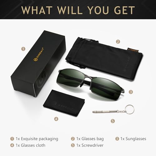 Image of SUNGAIT Ultra-Lightweight Polarized Sunglasses Men for Driving Fishing Golf, Rectangular Metal Frame with Spring Hinge