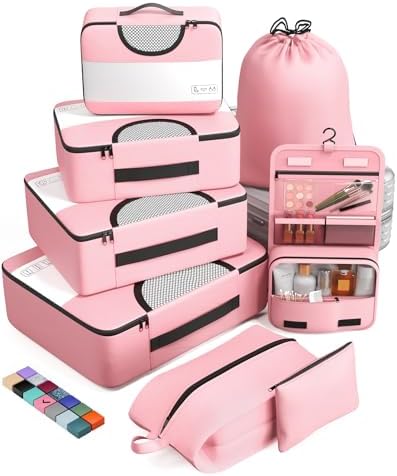 Veken 8 Set Packing Cubes for Suitcases, Travel Essentials for Carry on, Luggage Organizer Bags Set for Travel Accessories in 4 Sizes(Extra Large, Large, Medium, Small), Pink