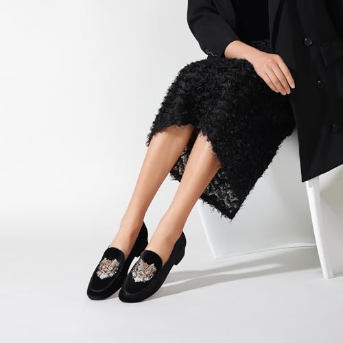 Image of Embroidered Loafers for Women Round Toe Chunky Heel Velvet Flats with Lion Head Pattern Wide Width Dress Casual Shoes