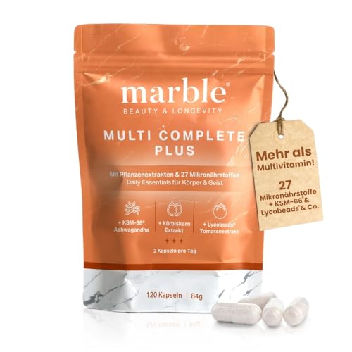 marble® Multivitamin Complete Plus – 120 Kapseln vegan - 27 Pflanzenextrakte & Mikronährstoffe + Sägepalmenextrakt, Kürbiskernextrakt, Lycopin & Ashwagandha KSM-66 - Natürliche Vitamine & Mineralien