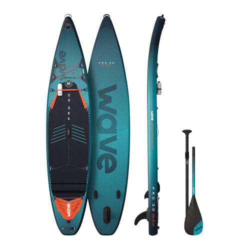 Image of Wave Pro Inflatable Stand Up Paddle Board | Anti Air Leaking & Nonslip Deck | Ultra Portable SUP with Leash, Paddle, Pump & Carry Bag | 12'6ft (Navy, 3.0 Model)