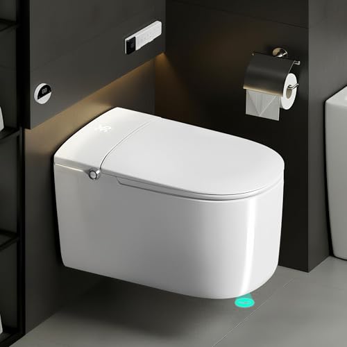 Image of Plantex Wall Hung Ceramic Smart Commode /6 Ltr Water Tank Capacity with 18 Months Warranty /Auto Lid Opening /Touchless Operation /Digital Display & Water /Seat Temperature Control P-Trap (White)