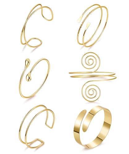 6PCS Gold Arm Cuff for Women Upper Arm Cuff Bracelets Adjustable Open Cuff Bangle Bracelet Minimalist Coil Swirl Upper Arm Bands Armband Set