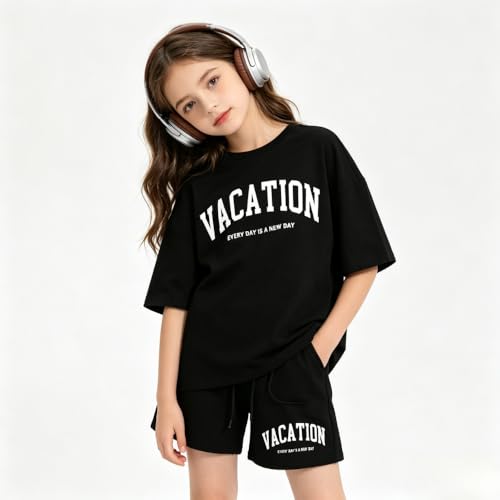 Image of Size 6-12 Years Girl's Tracksuit Sets 2 Piece Outfits Letter Print Vacation Tee Top and Drawstring Waist Shorts