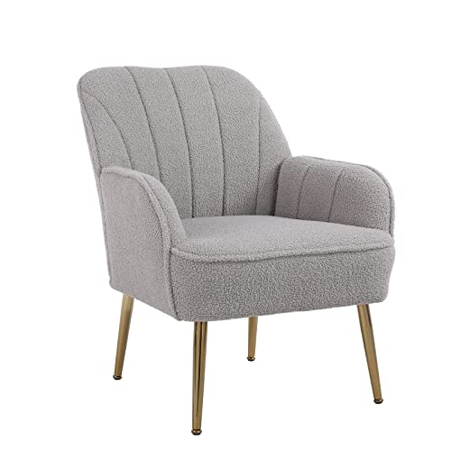 Goujxcy Teddy Barrel Chair Accent Armchair With Golden Legs For Living Room Bedroom Home Office, Tufted Back Club Chair (Grey2) #TOP6