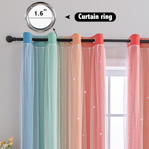 Image of indistar Colourful Stripe Star Cut-Out Blackout Curtains for Bedroom,2 Layers Mix Design of Fabric & Tulle,Pretty Window Curtain for Kids Room 1 Panel (W52 x L95 Rainbow)