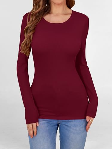 Image of ANRABESS Women Long Sleeve Shirts Rib Knit Slim Fit Tops Basic Tee 2025 Fall Outfits Casual T-Shirt Underscrubs Layer Clothes