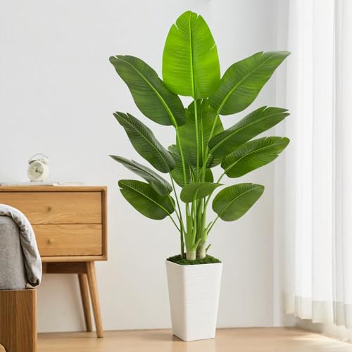 Image of Lifelike Bird of Paradise Artificial Plant 6ft Faux Banana Leaf TRE with White Tall Wavy-Textured Planter for Home Decor- perect Indoor Silk Floor Plant for Living Room Office Ambianc Enhancement